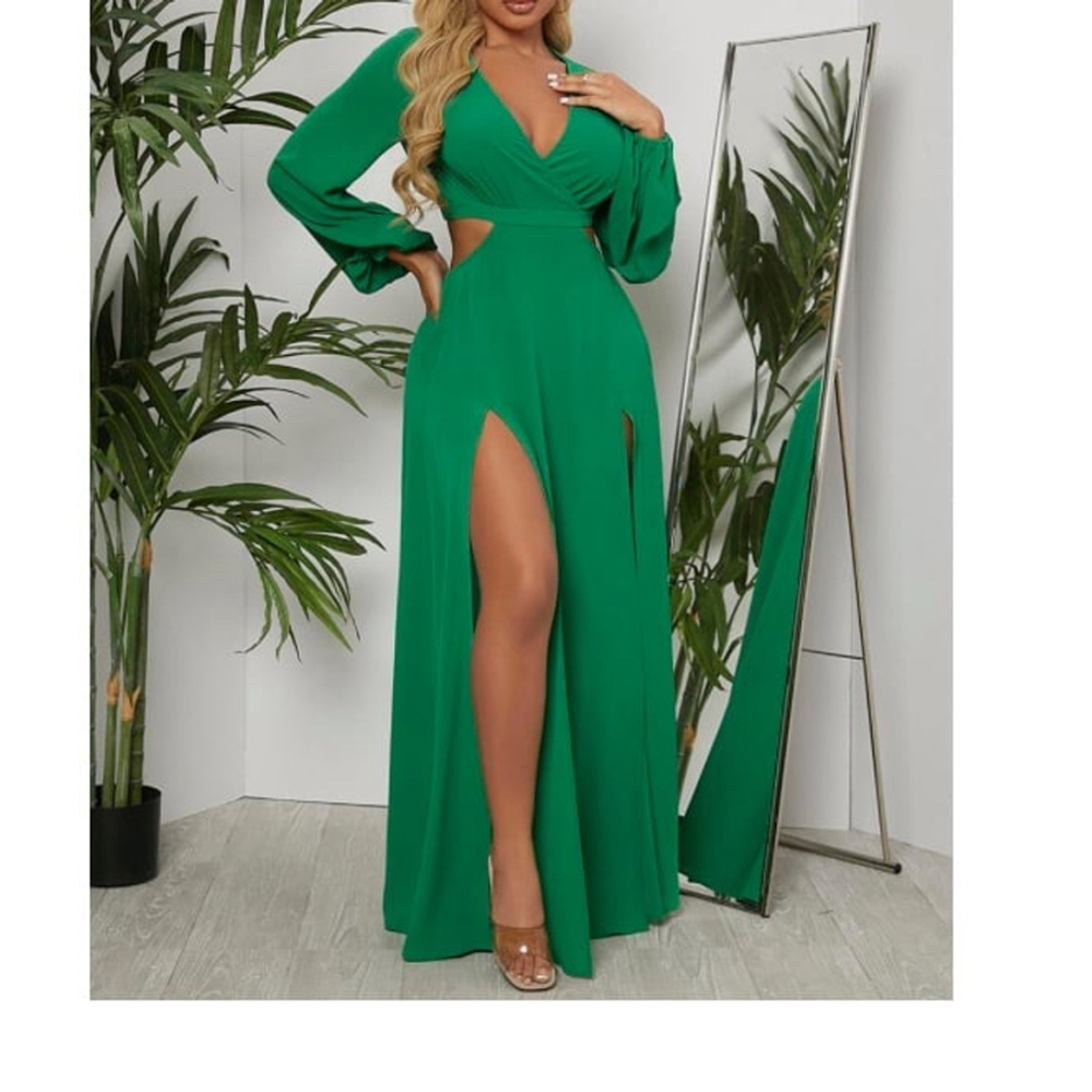 SHEIN Surplice Neck Split Thigh Cutout Dress Green Size Medium